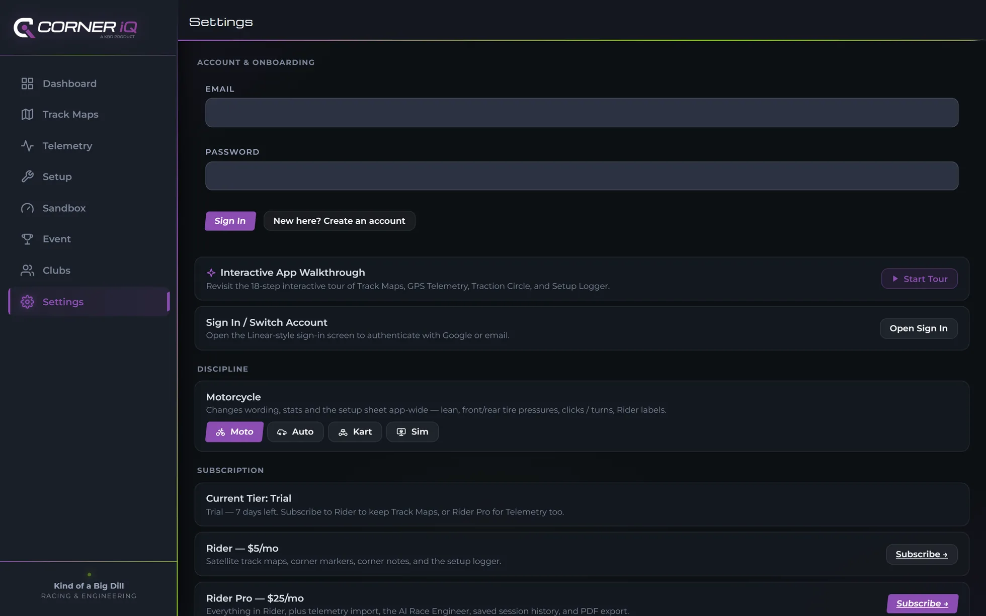 Settings: telemetry sources, units, discipline profile for moto, auto, kart or sim, and data export.