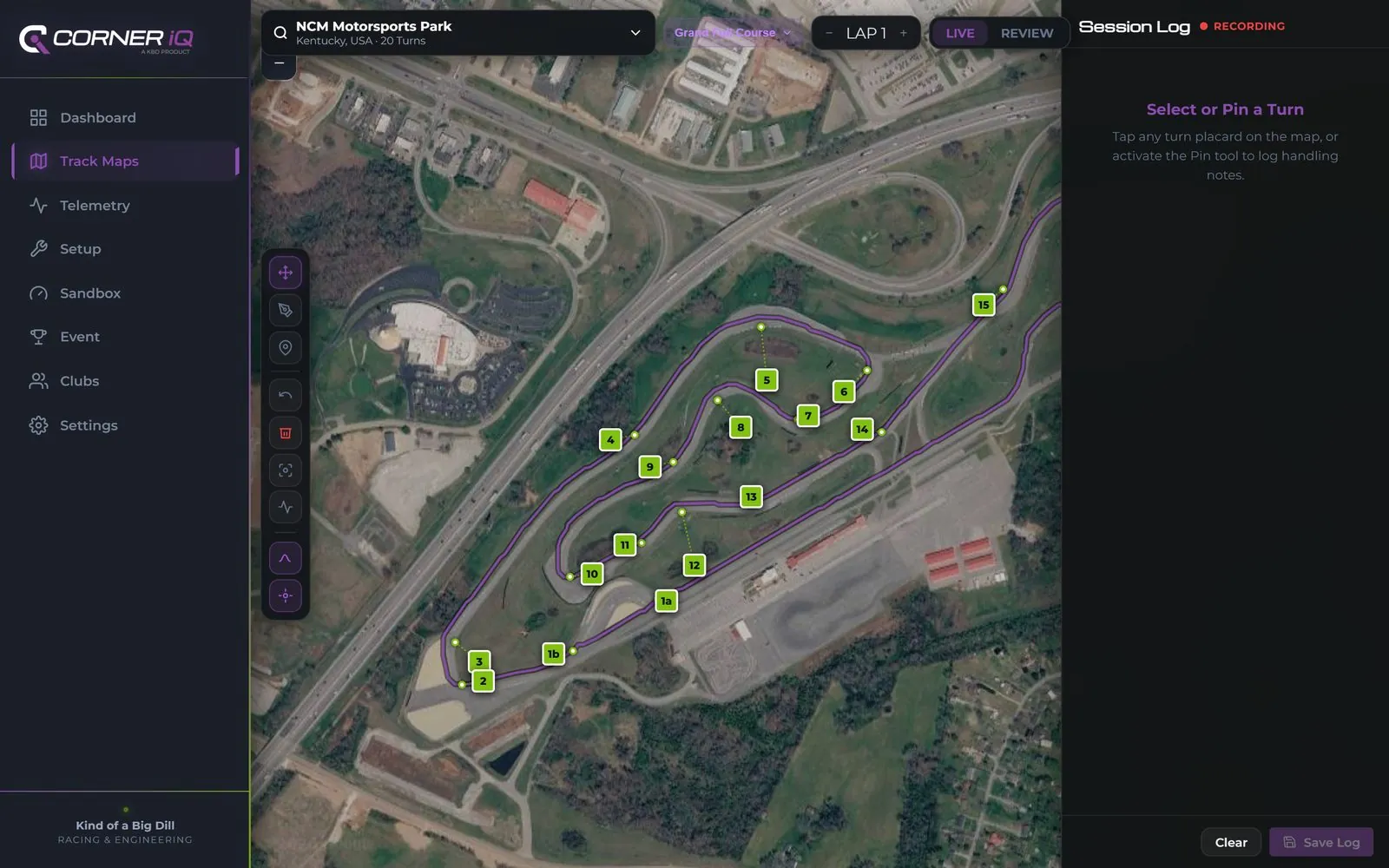 Track Maps: a surveyed satellite map of NCM Motorsports Park with numbered corner markers, and a searchable library of 373 circuits.